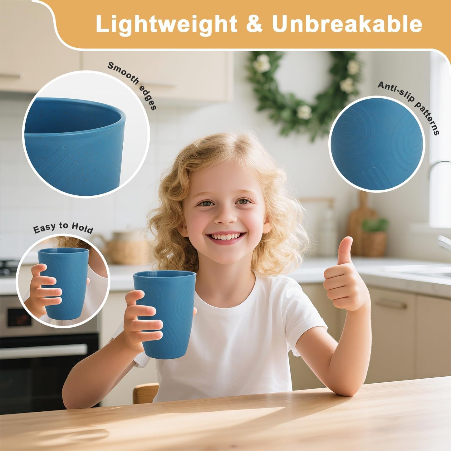 Premium Wheat Straw Cups Drinking Glasses Set of 6 Alternative to Plastic Cups Reusable Unbreakable Water Tumblers 12 OZ Microwave and Dishwasher Safe Cup for Kitchen - Blue