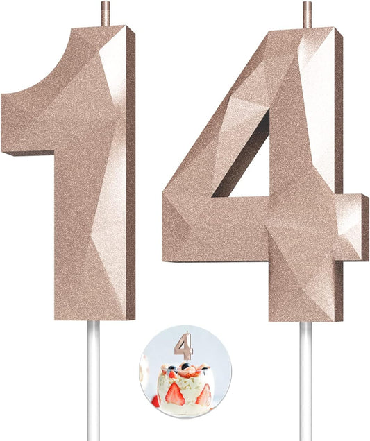 Number Birthday Candles(14 Candle Rose Gold) 3D Diamond Shape Number Happy Birthday Cake Candles for Birthday Party Wedding Decoration Reunions Theme Party