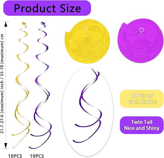 BEISHIDA Purple Gold Hanging Swirls Party Decorations Plastic Streamer for Ceiling, Graduation Wedding Baby Shower Birthday Hanging Party Supplies, Pack of 20