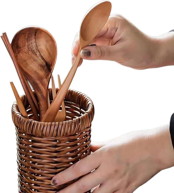 Utensil Holder Spoon Kitchen Counter Decor Wooden/Wicker Utensil Caddy6.1 L x 4" W x 4" H Farmhouse Kitchen Decor