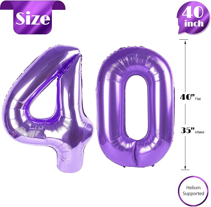 Purple Number 40 Balloon 40 Inch, 40th Birthday Party Decorations for Children, Giant 40 Foil Balloon for Party Supplies