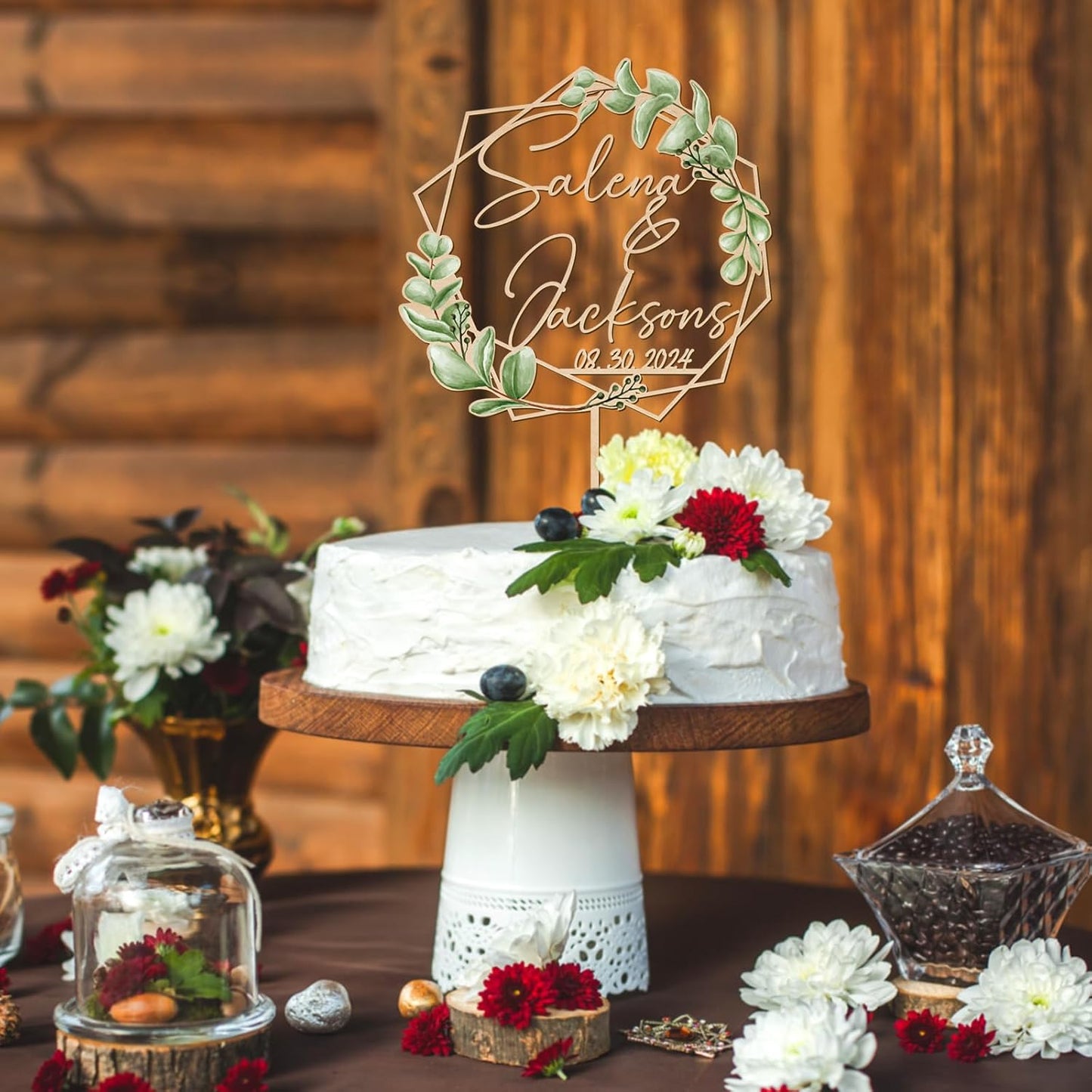 Wedding Cake Topper with Green Leaves Custom Bride & Groom's Names and Wedding Date Personalized Geometric Cake Decoration in Acrylic and Wood