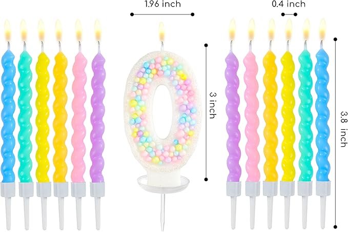 PHD CAKE Number 0 Birthday Candle Macaron Glitter Number Candle with Rainbow Spiral Candles in Holders for Cake Topper, Pastel Sweet Theme Party Decoration