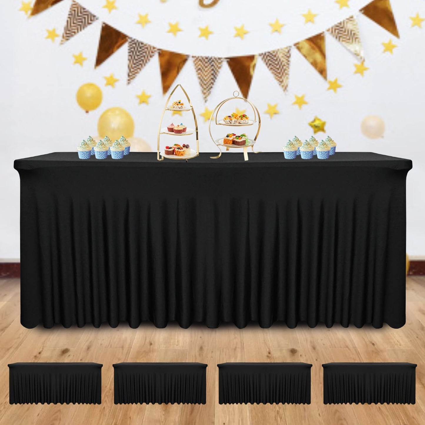 4 Pack - Black Spandex Table Skirt for 8ft Tables (96" L x 30" W x 30" H) | Stretch, Washable & Wrinkle-Resistant Fitted Cover | Banquet, Birthday Party Decor