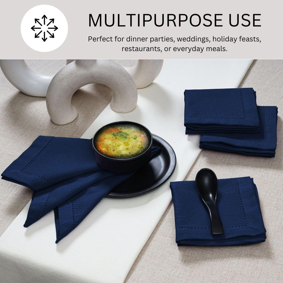 Hemstitch Cloth Dinner Napkins 100% Cotton Set of 12 - for Dining Special Occasions Weddings Parties Holidays Easter - Soft Durable Reusable - 18x18 Inch Table Cloth Napkins Navy Blue
