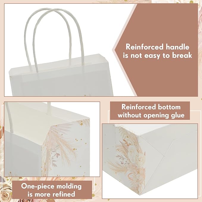 16 Pieces Thank You Gift Bags Floral Design 6 x 3 x 8 inches Flower Small Paper Bags with Handles Boho Favor Bags for Business Shopping Boutique Clothing Birthday Wedding Graduation Favors