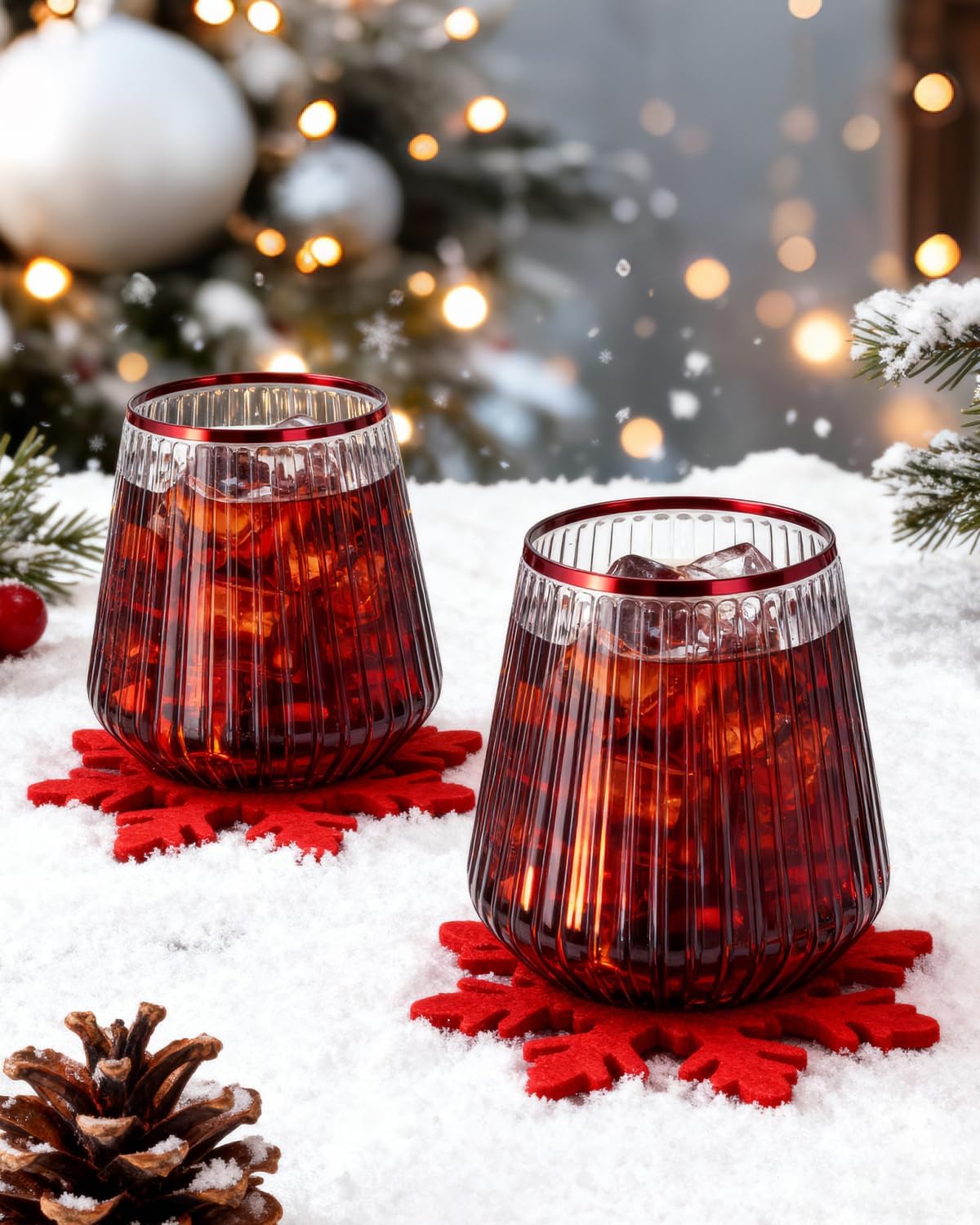 36 Pcs 12 oz Plastic Clear Red Rim Ribbed Wine Glasses, Disposable & Reusable Champagne Glasses Elegant Whiskey Glasses Ideal for Weddings, Bars, Christmas, Holidays, Pool Party, Daily Use