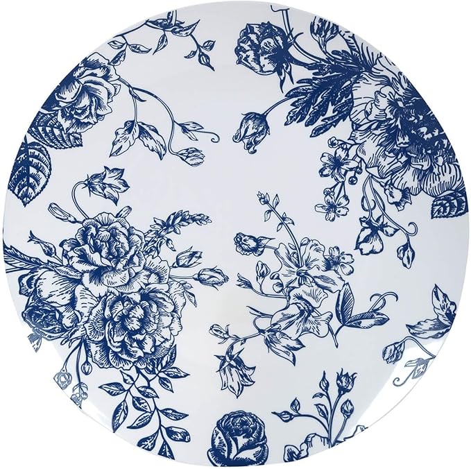Efavormart 10-Pack French Toile Plastic Dinner Plates – Blue & White Floral, 10" Round Disposable Party Plates