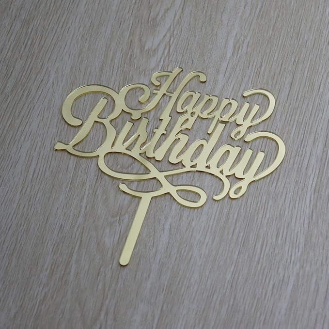 Happy Birthday Cake Topper - Birthday Party Decorations, Mirror Gold Acrylic