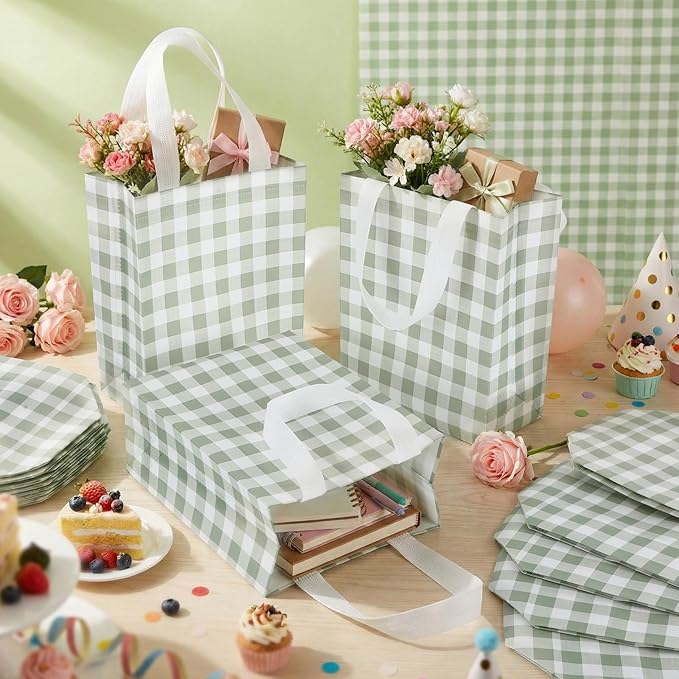 Supervitae 24 Pack Gingham Gift Bags Medium Green and White Theme Party Decoration Supplies Reusable Non Woven Totes for Checkered Dinner Baby Shower Wedding Party Favor(9.8" x 7.9" x 3.9")