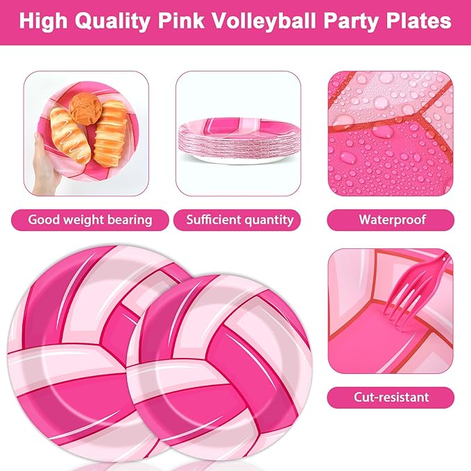 96Pcs Pink Volleyball Party Supplies - Sport Paper Plates, Napkins, Theme Decorations, Dinnerware Favor for Birthday, Baby Shower Tableware - Serves 24