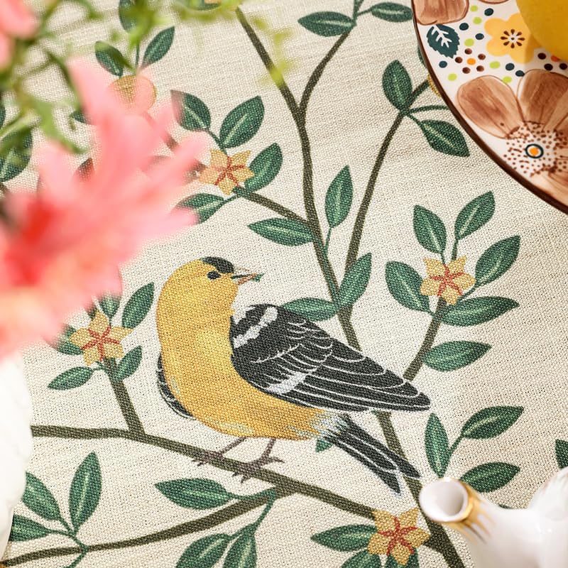 patdrea Designer French Table Cloth for Rectangle Table,Vintage Green Linen Birds and Leaves Pattern Tablecloths,Dacorative Cover Kitchen Dining,Christmas,Thanksgiving,Party,67"x118"-Warbler