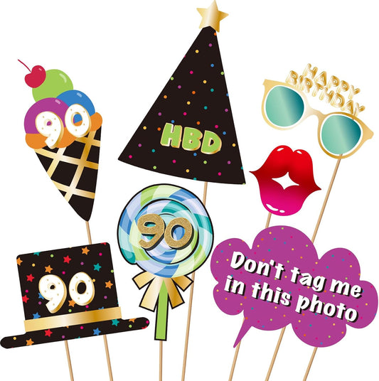 BRT Bearingshui 90th Birthday Party Photo Booth Props Accessories, 90th Happy Birthday Party Decorations Supplies Favors