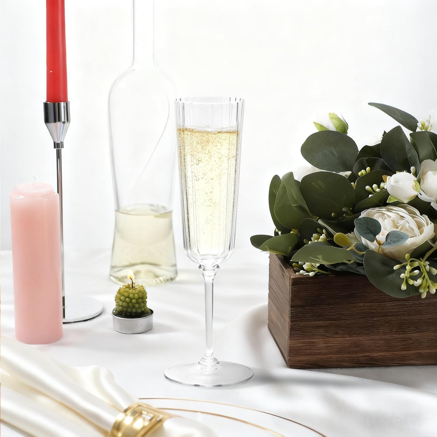 24 Pack Clear Champagne Flutes Plastic, Stripe Detachable Acrylic Champagne Glasses, Disposable Cocktail Drinking Cups, Reusable Wine Flutes, Cocktail Toasting Glasses for Wedding, Party