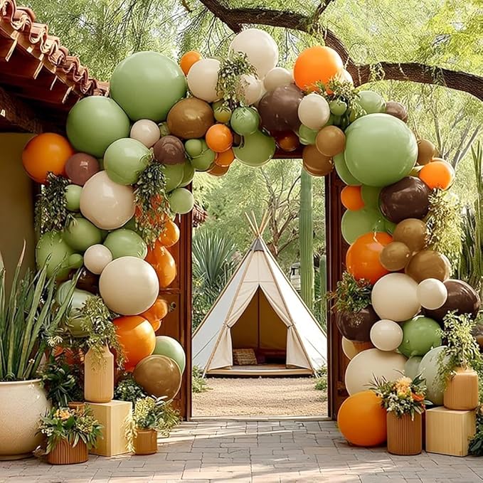 Green Orange Brown Balloon Garland Double Stuffed Sage Green White Sand Cream Balloon Arch Kit for Birthday Baby Shower Dinosaur Woodland Wild One Easter Party Decorations