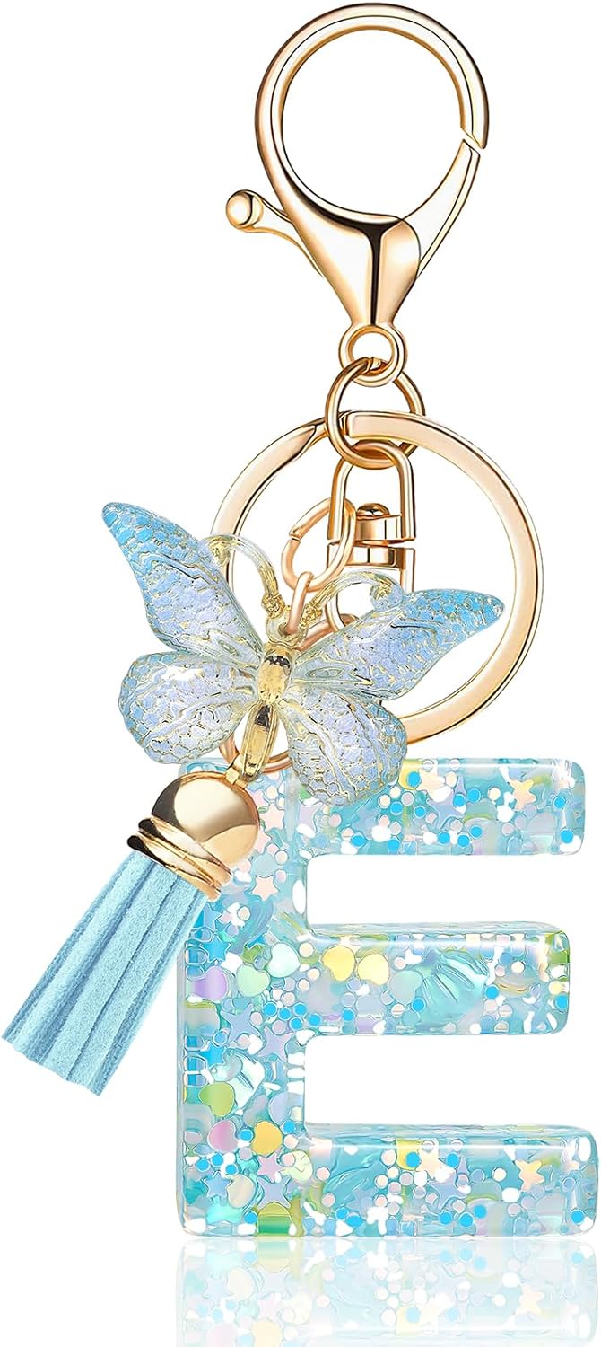 Fashion Alphabet Initial Letter Keychain Tassel Butterfly Pendant Key Ring for Purse Handbags Women Girl