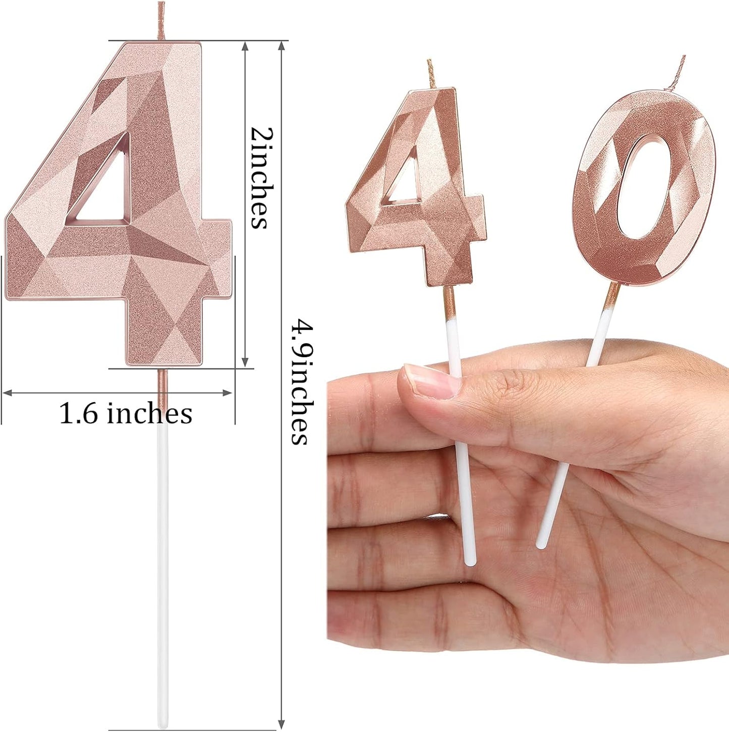 Nuanchu 40th Birthday Candles, Number 40 Happy Birthday Cake Topper 3D Diamond Shape Numeral Sparkler Candles for Men Women Party Wedding Decoration Theme Party (Rose Gold)