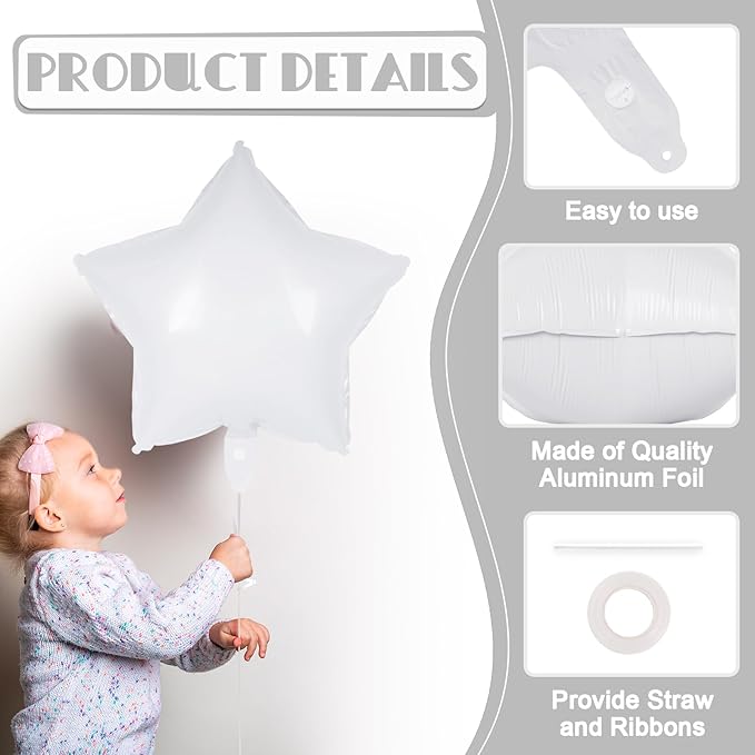20 Pcs Star Balloons,18 Inch White Star Foil Balloons,Stars Shaped Balloon Mylar Helium Balloon for Birthday Party Anniversary Wedding Baby Shower Decorations (White)