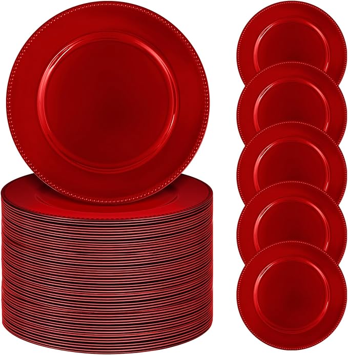 50 Pcs Red Charger Plates Bulk, 13" Round Beaded Plate Chargers, Decorative Plastic Table Chargers for Wedding Holiday Party Baby Shower Event Decoration (Red)