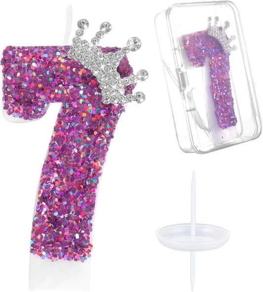 Ceya Number 7 Birthday Candles,Purple Crown Candle for Cake, Sparkling Number Glitter Candle 3.14inch Cake Topper,7st Birthday Decorations for Girl Women Reunions Anniversary Party Supplies