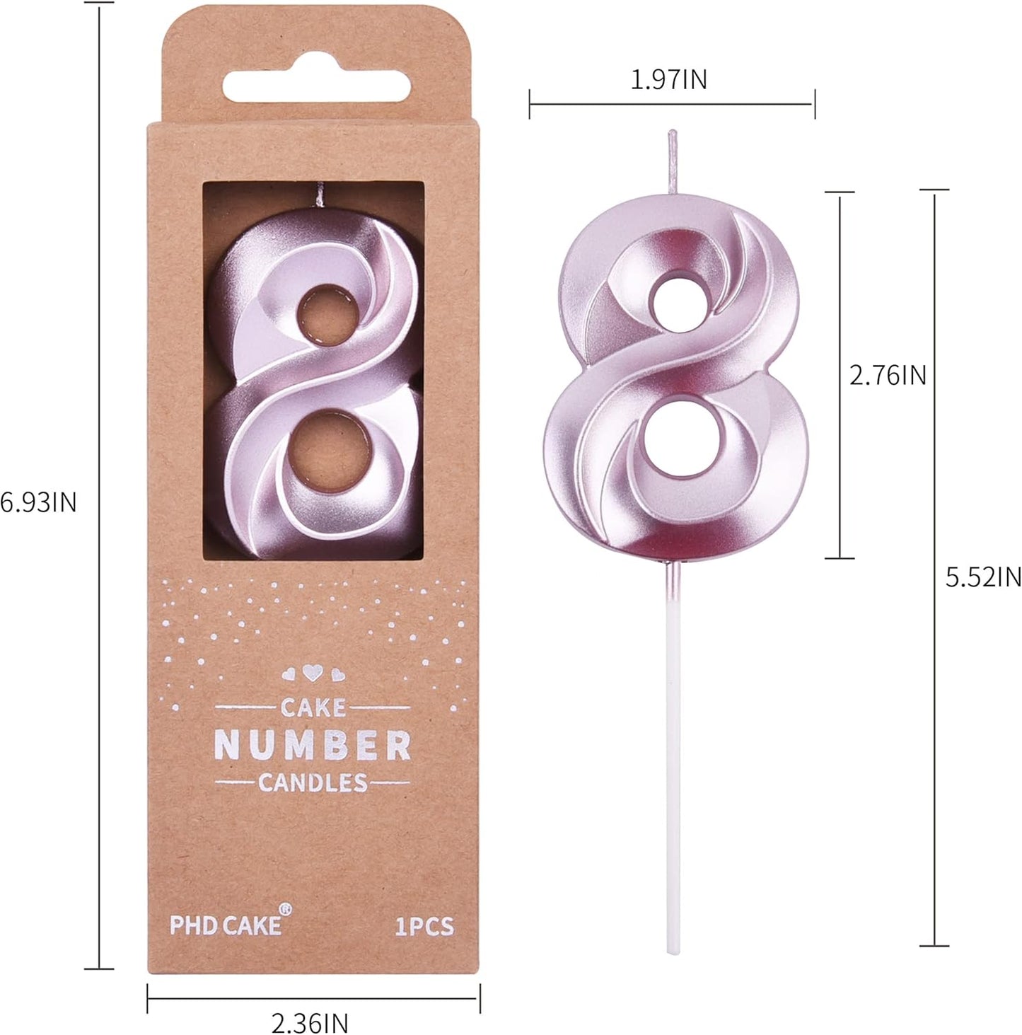 PHD CAKE 2.76 Inch Diamond Rose Gold 8 Number Birthday Candles, Rose Gold Number Candles, Cake Number Candles, Party Celebration