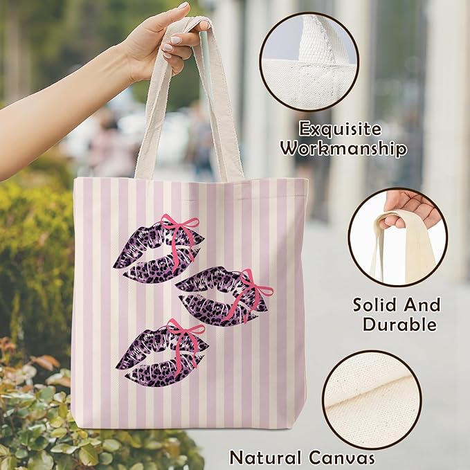 Coquette Bow Purple Leopard Lip Tote Bag for Women,Trendy Cheetah Print Canvas Tote Bag for Girls,Girly Leopard Lip Print Aesthetic Reusable Shopping Grocery Bags Party Favors