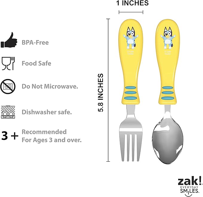 Zak Designs 5-Piece Dinnerware Set, Bluey - Durable Plastic & Stainless Steel - Includes Tumbler, 8-Inch Plate, 6-Inch Bowl, Fork & Spoon - Suitable for Kids Ages 3+