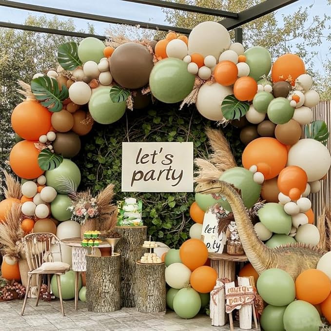 Green Orange Brown Balloon Garland Double Stuffed Sage Green White Sand Cream Balloon Arch Kit for Birthday Baby Shower Dinosaur Woodland Wild One Easter Party Decorations