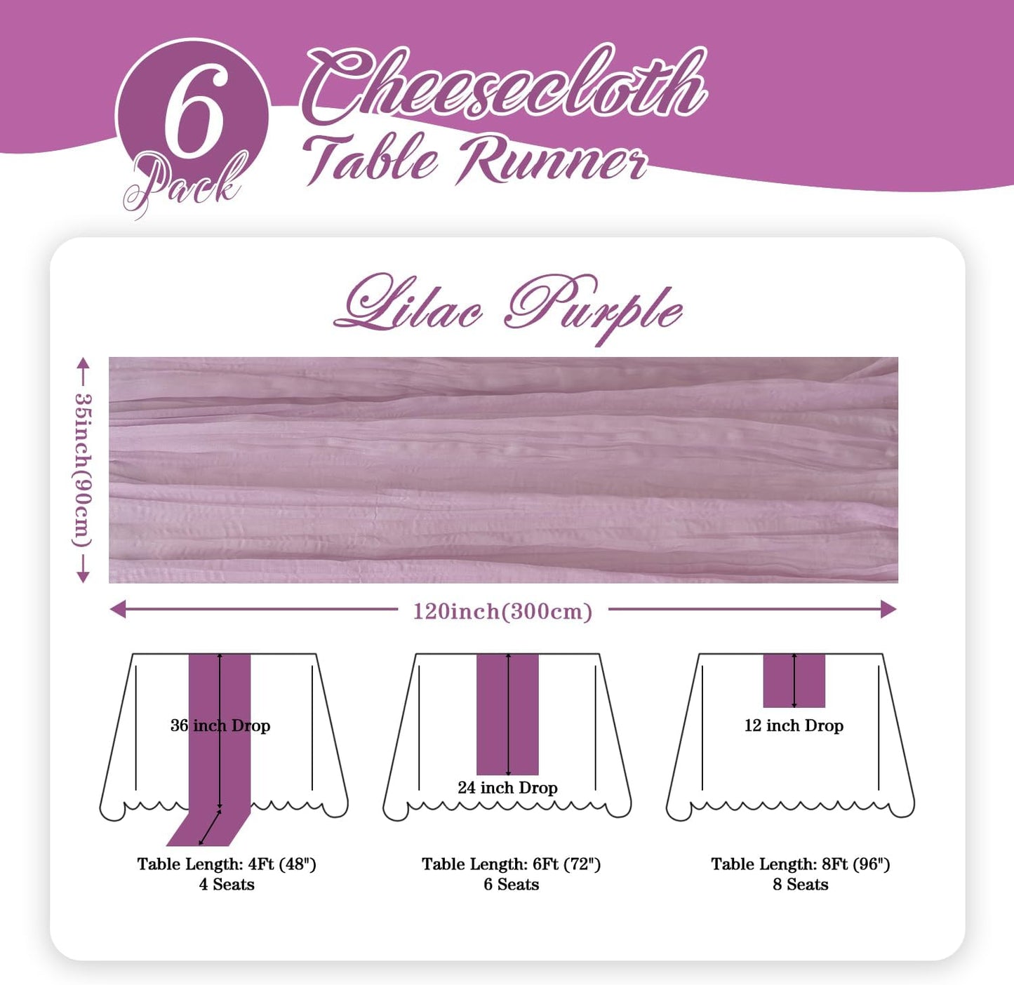 6 Pack Lilac Purple Cheesecloth Table Runner 35x120 Inch Boho Gauze Table Runner, Rustic Sheer Cheese Cloth Fabric Table Runners for Parties, Baby Shower, Birthday and Weddings