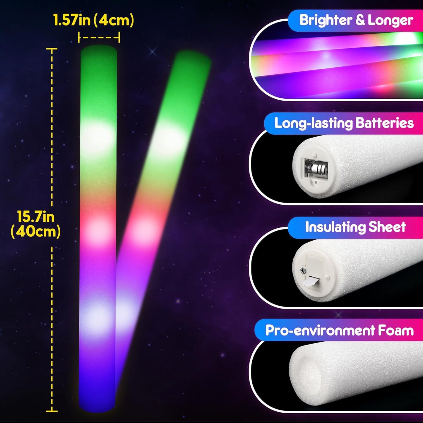 Mocoosy Foam Glow Sticks Bulk Pack, 32 PCS Led Glow Sticks with 3 Modes Colorful Flashing, Glow in Dark Party Supplies, Light Up Neon Party Toys for Wedding, Raves, Concert, Birthday, Halloween
