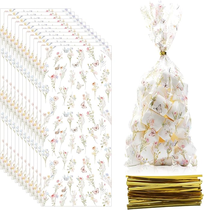 CEMECER 100PCS Wildflower Cellophane Treat Bags, Floral Candy Cookie Packing Plastic Clear Goody Bags Dercor for Baby Shower, Wedding, Birthday Party Decorations Supplies Favors.(11 x 5 Inches)