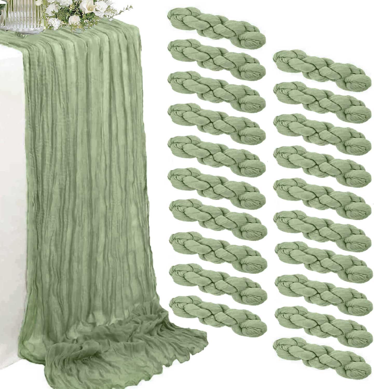 Sage Green Cheesecloth Table Runner 20 Pack – 35 x 71 Inch Boho Gauze Table Runners for Rustic Wedding Arch Decor, Bridal Shower, Baby Shower, Banquets, Farmhouse Party Decorations