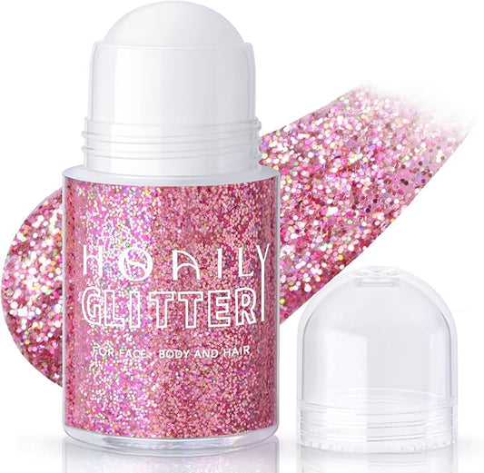 HOSAILY Roll-on Holographic Body Glitter Gel for Face Hair, Chameleon Color Changing Glitter Gel Under Light, Chunky Mermaid Sequins Festival Party Rave Accessories Shimmer Makeup (Pink)