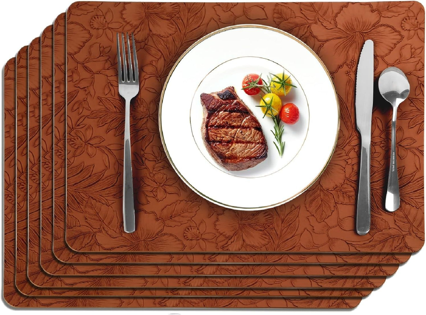 17" × 12" Faux Leather Placemats Set of 6, Caramel Brown, Washable, Wipeable & Heat-Resistant Table Mats, Waterproof & Anti-Slip Dining Place Mats with Shallow Embossed Texture for Kitchen & Dining