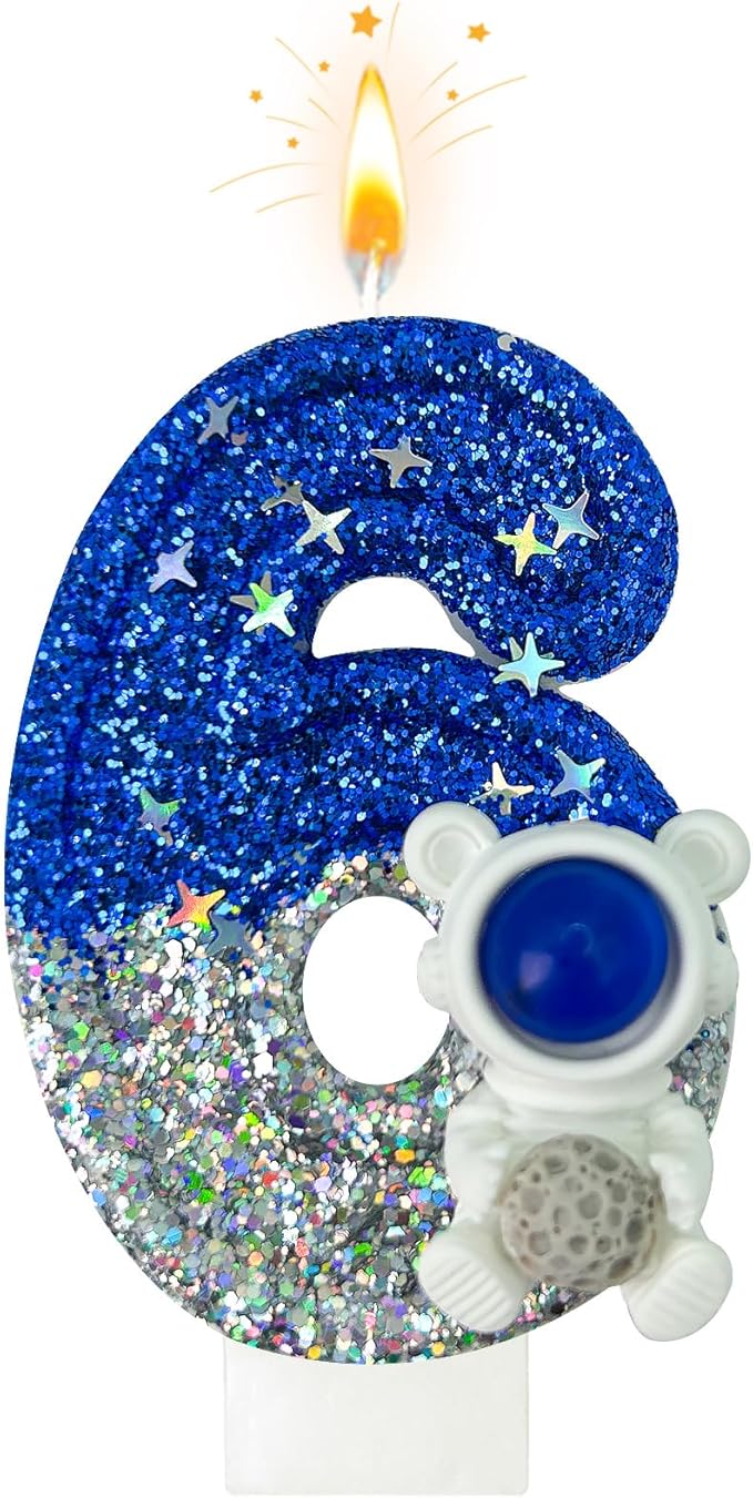 HXOUSE Astronaut 6th Birthday Candle - Space Universe Sparkler 6 Candle for Birthday Cake Boy, Topper for Party Decorations Anniversary Celebrations (Number 6)