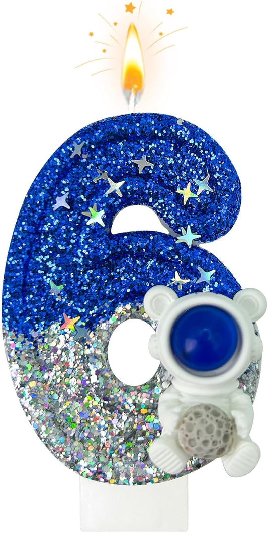 HXOUSE Astronaut 6th Birthday Candle - Space Universe Sparkler 6 Candle for Birthday Cake Boy, Topper for Party Decorations Anniversary Celebrations (Number 6)