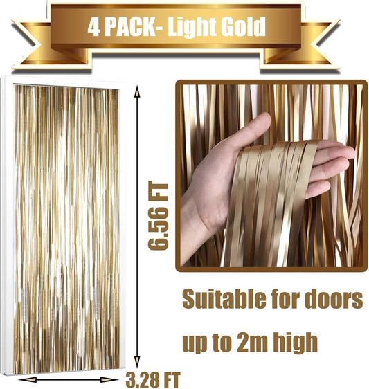 4 Pack Light Gold Foil Fringe Curtain Backdrop, 3.28Ft x 6.56Ft Metallic Tinsel Foil Fringe Streamers Curtains for Photo Booth, Wedding, Thanksgiving, Birthday, Christmas, Halloween Party Decoration