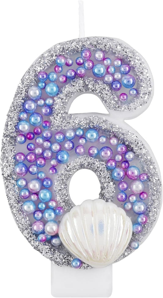 Girls Glitter 6 Birthday Number Candle, Pink Shell Sequins Blue Purple Pearls Number Birthday Candles for Boys Girls Birthday Cakes Mermaid Themed Birthday Decorations Party Supplies Number 6 Candle