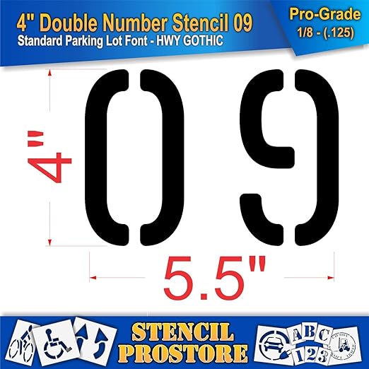 Pavement, Curb, and WheelStop Stencils - 4 inch Double Number Stencil - (09) - 4" x 5.5" x 1/8" (128 mil) - Pro-Grade