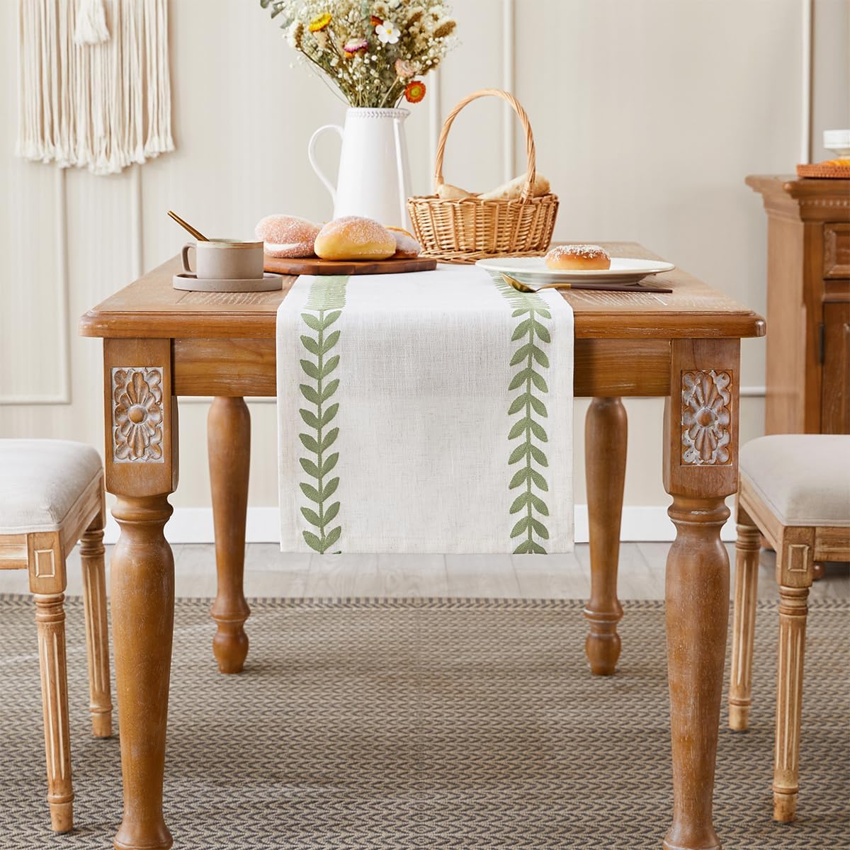Wracra Embroidered Table Runner Irregular Willow Leaf Table Runners 72 Inches Long for Dresser Home Dining Table Decor,14 x 72 Inch, Light Sage Green