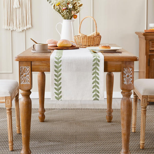 Wracra Embroidered Table Runner Irregular Willow Leaf Table Runners 108 Inches Long for Dresser Home Dining Table Decor,14 x 108 Inch, Light Sage Green