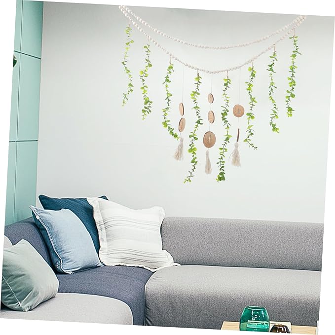 Hanging Photo Display Wall Decor Wooden Beads Garland Stylish Eucalyptus Leaves Design Versatile Picture Holder for Bedroom and Living Room Decor