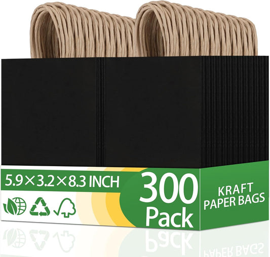 OEMVALATY 300Pcs 5.9x3.2x8.3 Inch Small Black Paper Bags with Handles Bulk, Kraft Paper Gift Bags for Birthday Party Favors Grocery Retail Business Shopping Goody Merchandise Craft Blank Bags