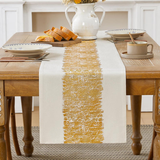 Metallic Style Fall Table Runner, Cotton and Linen Christmas Gold Table Runners 60 inches Long, Pre-Pressed Metal Striping Process, Birthday Wedding Decorations for Home Decor(Gold, 13"x60")