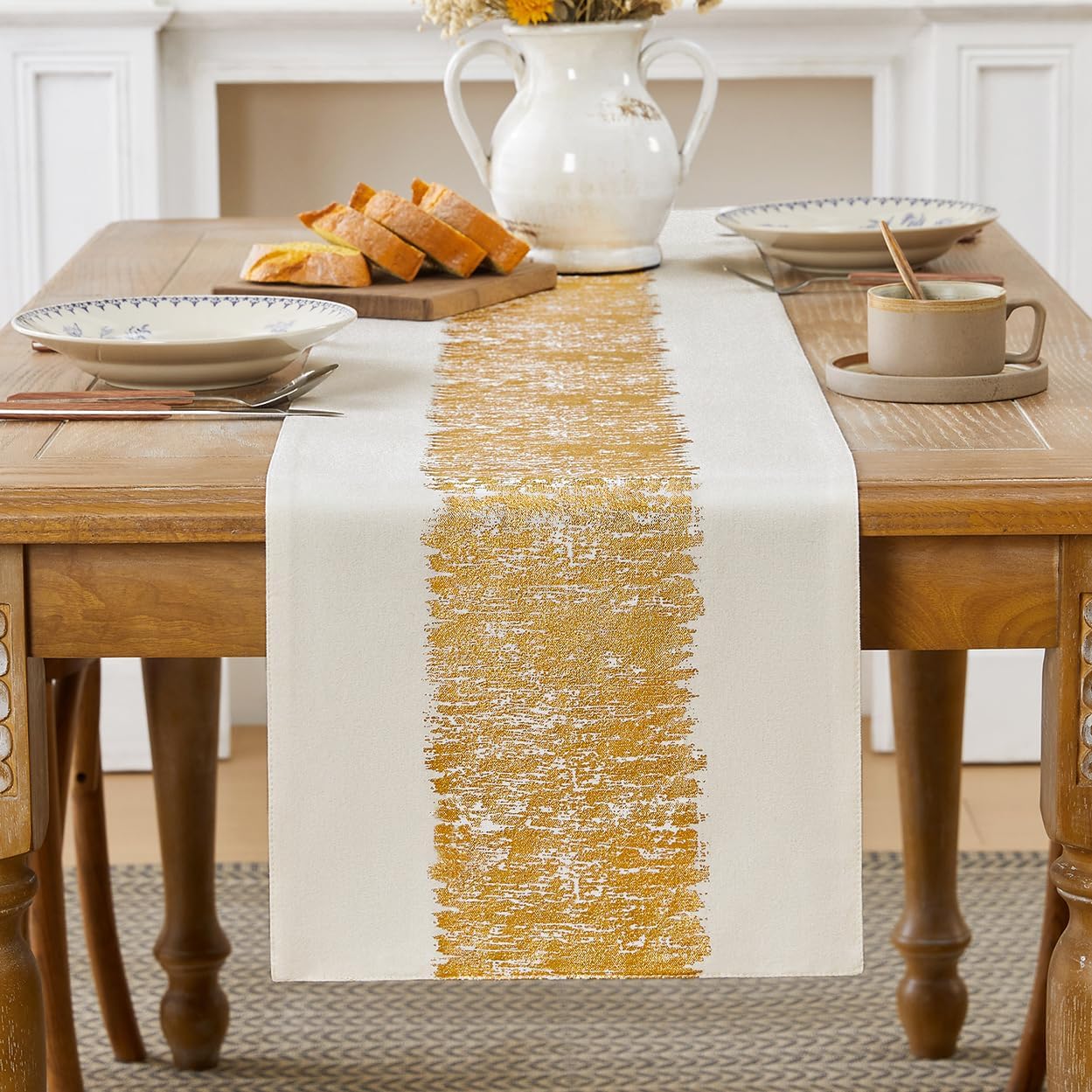Metallic Style Fall Table Runner, Cotton and Linen Christmas Gold Table Runners 48 inches Long, Pre-Pressed Metal Striping Process, Birthday Wedding Decorations for Home Decor(Gold, 13"x48")