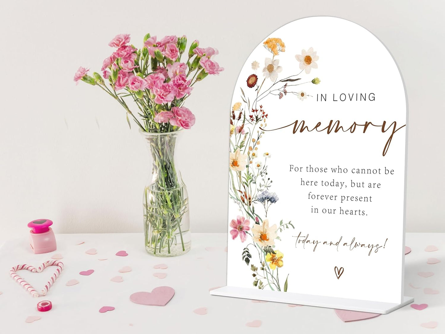 In Loving Memory Wedding Sign, Flower Style Wedding Table Signs for Reception and Event Party, Engagement, Centerpiece Party Decorations, Memorial Plaque, 6X8 Inch Acrylic Arch Sign with Stand,22