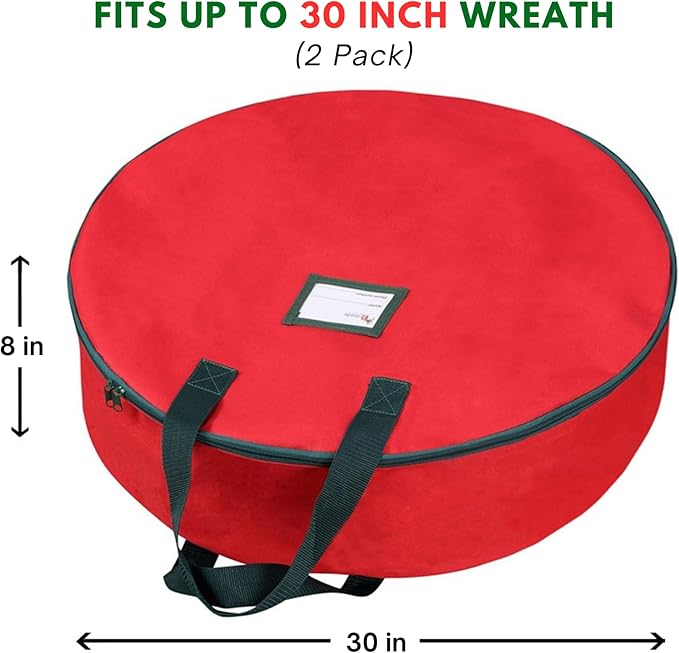 Primode Christmas Wreath Storage Bag 30" - 2 Pack Artificial Wreath Container - Garland Holiday Xmas Wreaths Holder - Sturdy Handles - Card Slot Dual Zipper Strong 420D Oxford (30 Inch, Red)