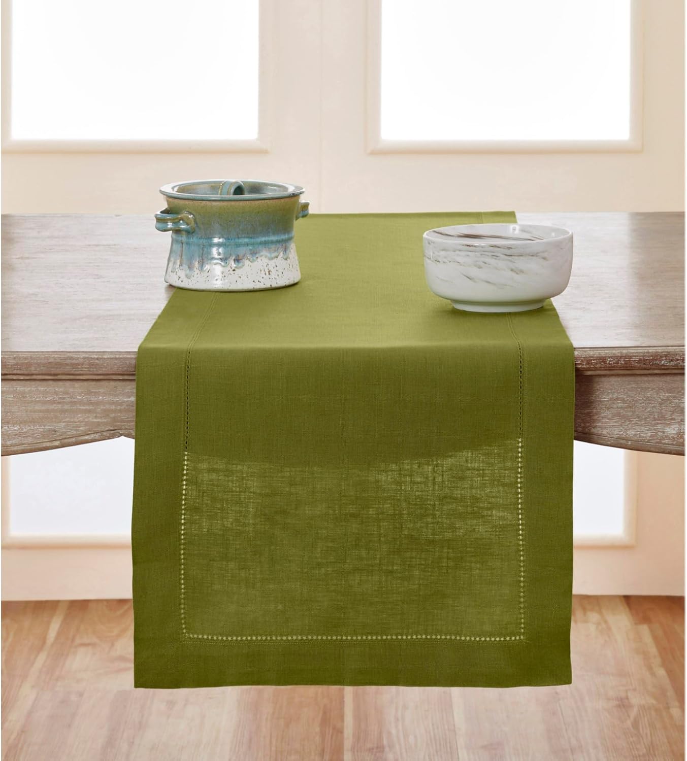 Solino Home Linen Avocado Green Hemstitch Table Runner 60 Inches - 100% Pure Linen Small Table Runner 14 x 60 Inch Ideal for Dresser and Coffee Tables - Classic Hemstitch - Fall, Autumn, Thanksgiving