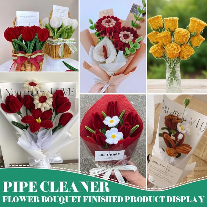 500pcs Multi-Season Pipe Cleaners Craft Kit with Flower Stem Wires & Art Tape - Valentine’s Day, Mother’s Day, Graduation & Holiday DIY Projects, 5 Colors Chenille Stems Set (7mm x12 inch)