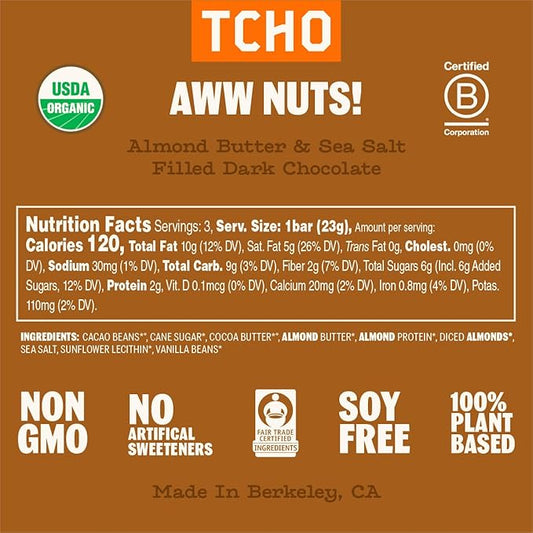 TCHO Aww Nuts! 75% Dark Chocolate Bars (3 pack) | Plant Based, Organic & Fair Trade, | Non GMO, Non-Dairy, Vegan, Soy Free (2.5oz each)